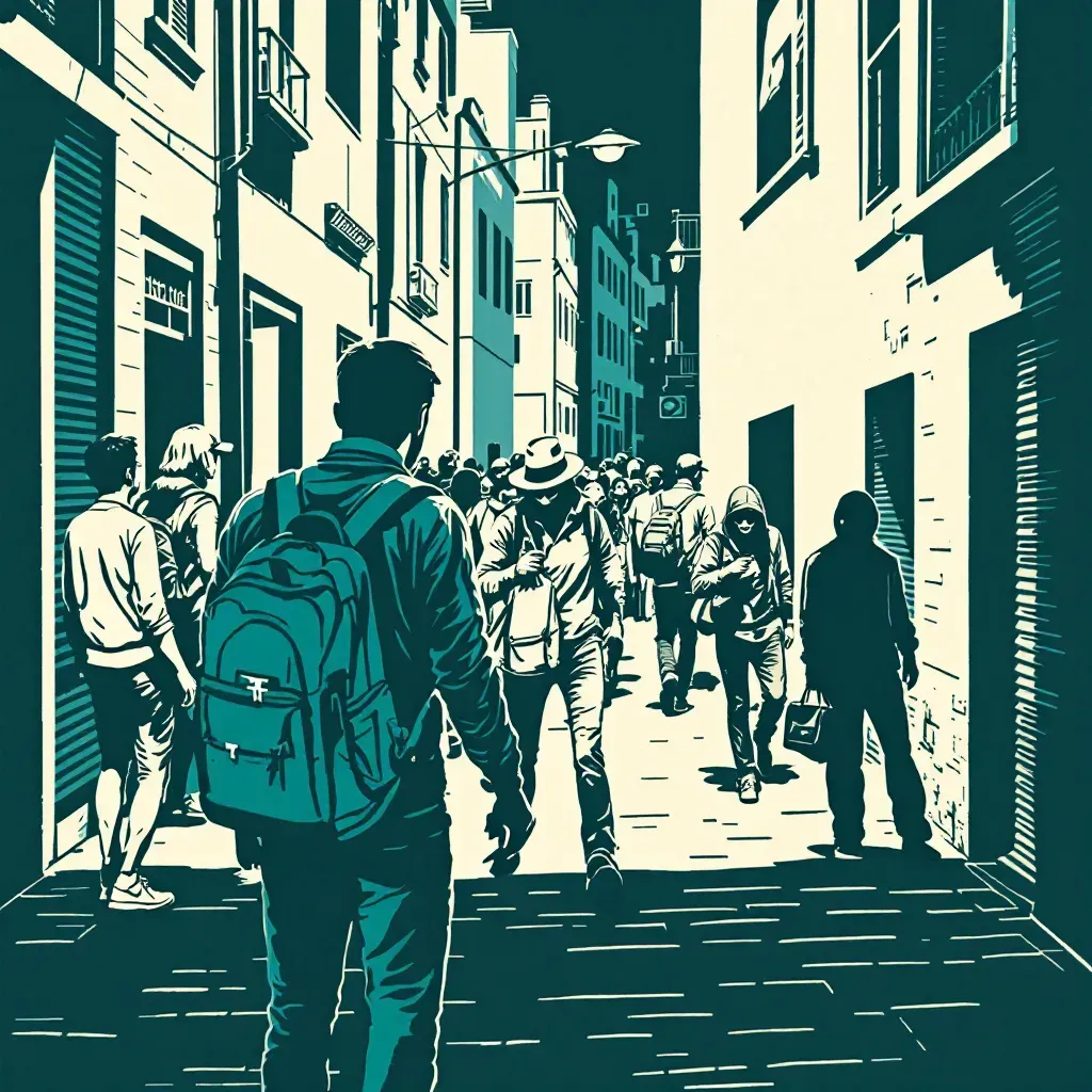 Tourists navigating crowded streets with belongings exposed, a pickpocket discreetly lifting a wallet, and later, a shadowy figure in an alley, suggesting the escalation to a life-threatening encounter.