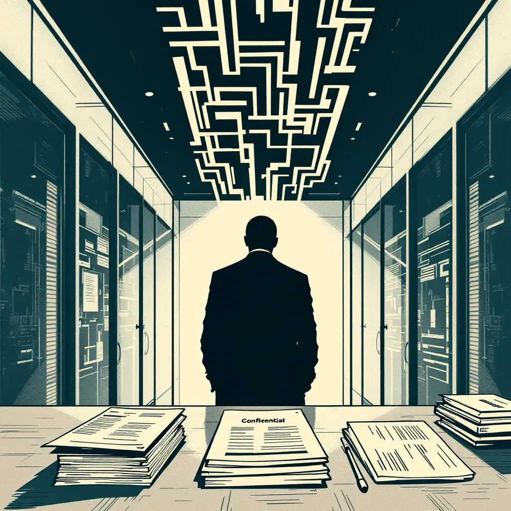 A shadowy figure in a dark suit stands in a modern office, a stack of documents marked 'Confidential' on a desk; in the background, a maze of interconnected corridors symbolizing concealment and control.