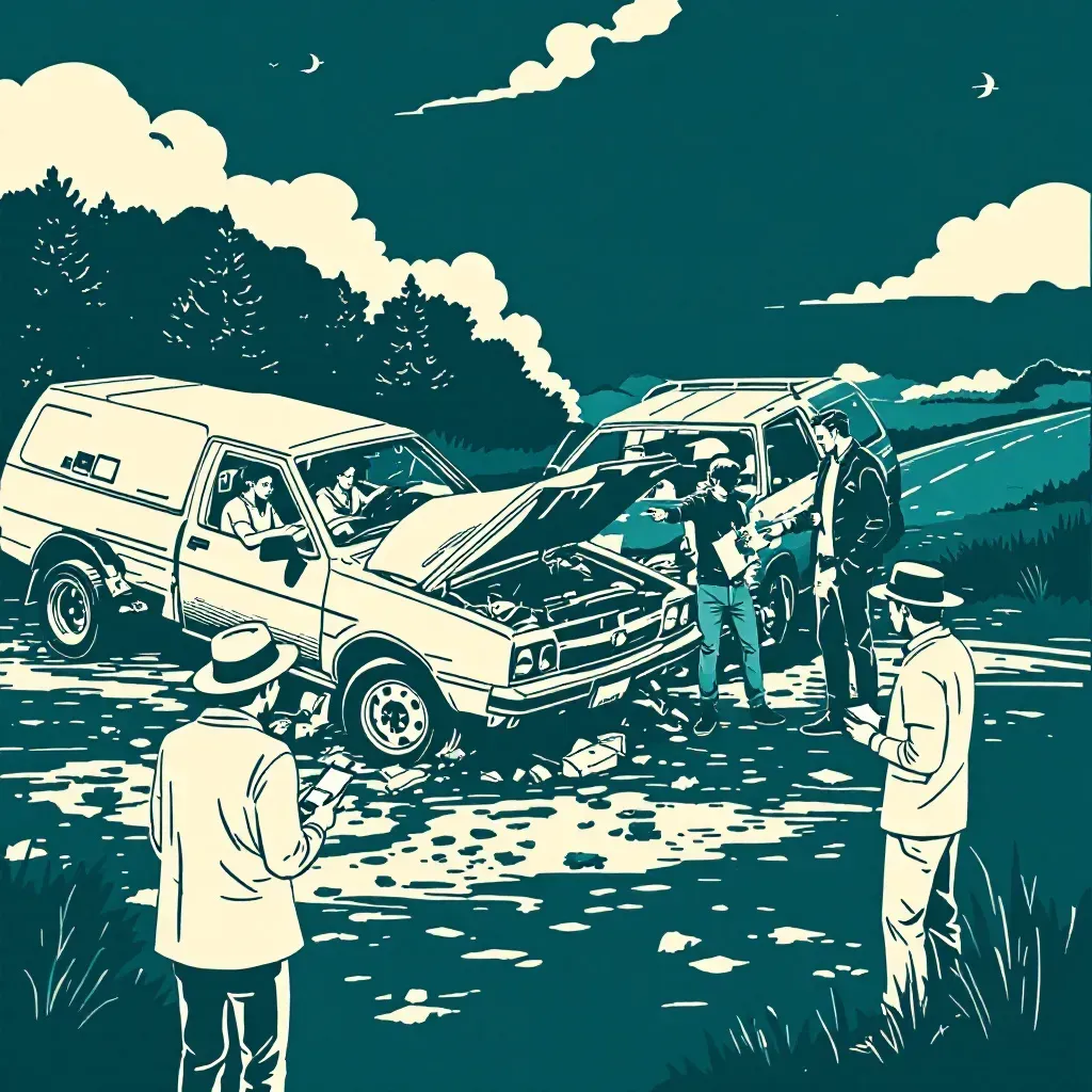 A staged car accident with two drivers exchanging information, surrounding damaged vehicles, and a witness holding a phone, symbolizing both the crime and the investigation process.