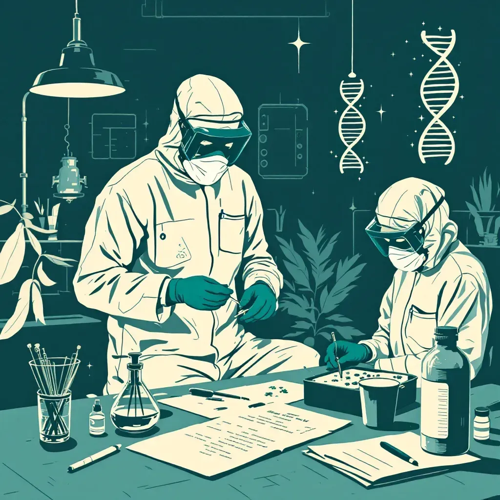 A crime scene with forensic experts collecting semen evidence for DNA analysis, showcasing laboratory equipment and DNA profiling used in solving criminal cases.