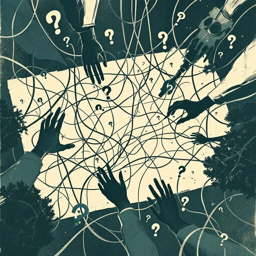 A complex web of interconnected threads and question marks scattered over a crime scene diagram, symbolizing confusion and the distortion of facts in criminal investigations.