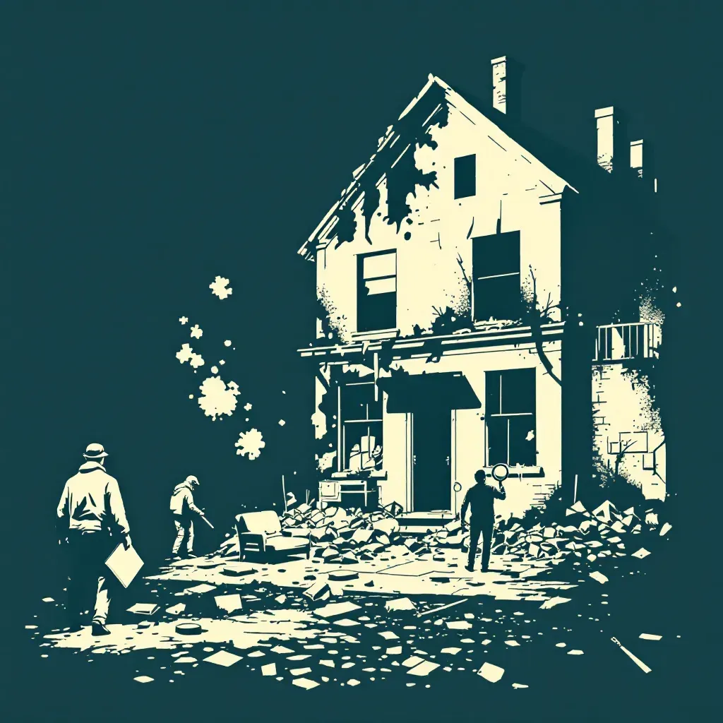 A charred building with investigators examining the rubble, pieces of burned furniture scattered, a magnifying glass highlighting ash particles as evidence, hinting at motives like insurance fraud and revenge.
