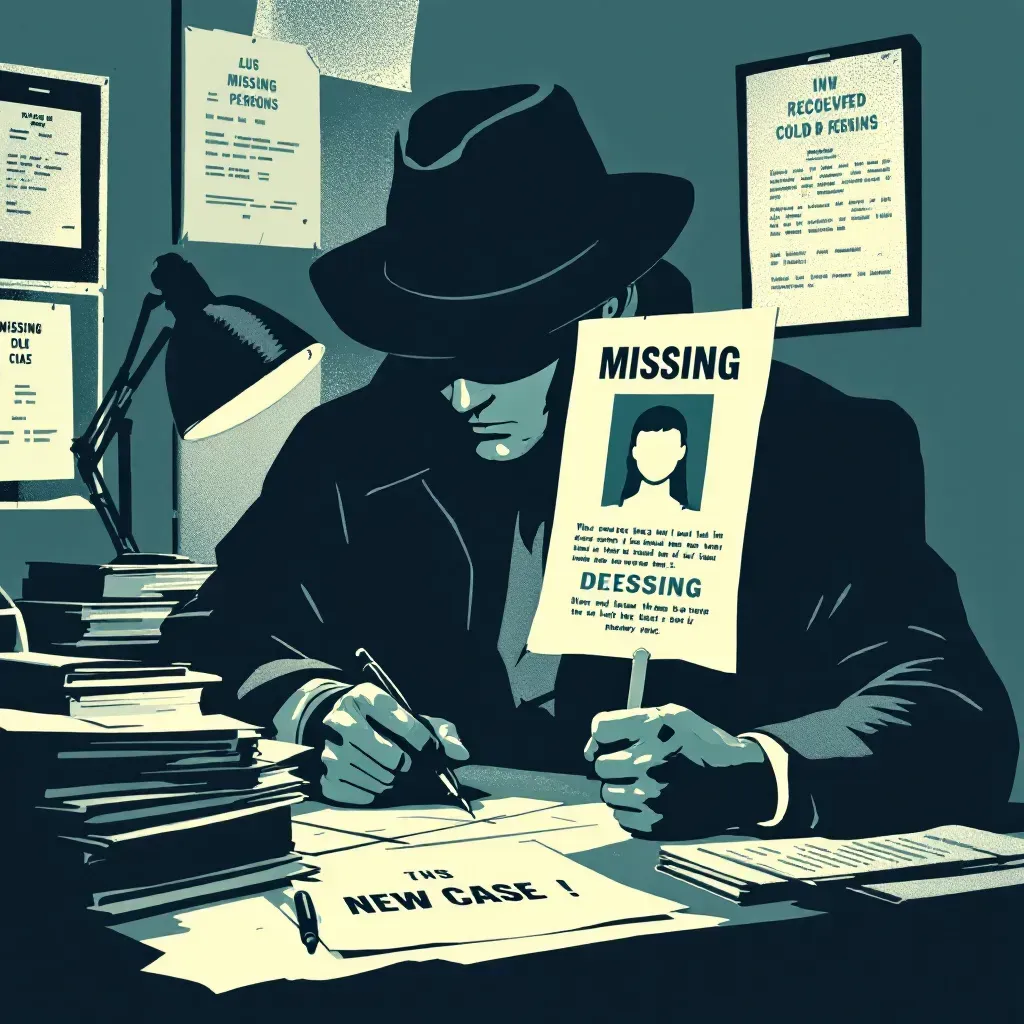 A recovered missing persons poster at a detective's desk, surrounded by old case files and a magnifying glass, symbolizing the revival of a cold case and new investigative leads.