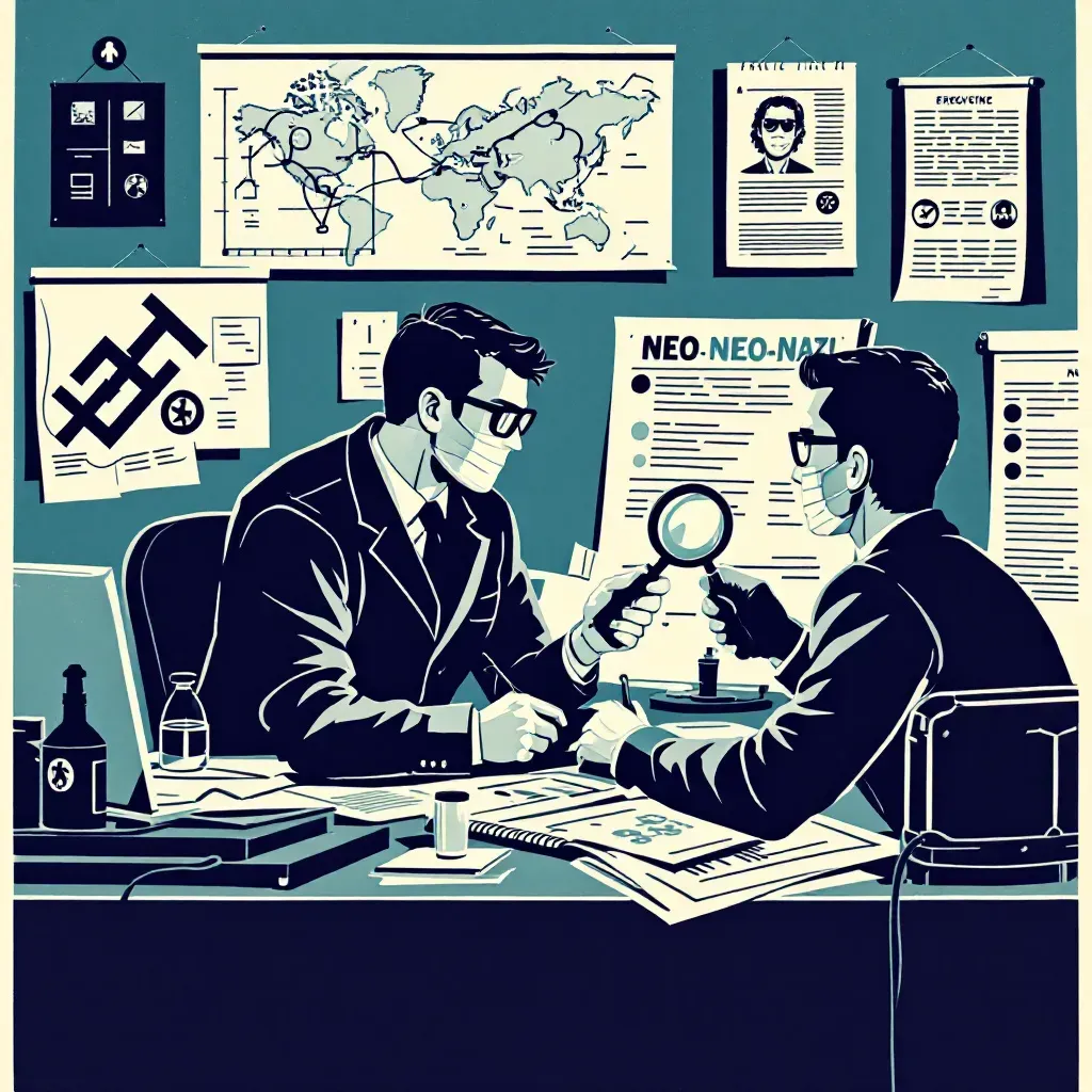 The scene depicts an investigator studying evidence in an office setting, focusing on maps and neo-Nazi propaganda materials, with symbolic elements like a magnifying glass and a profile board showing connections between suspects.