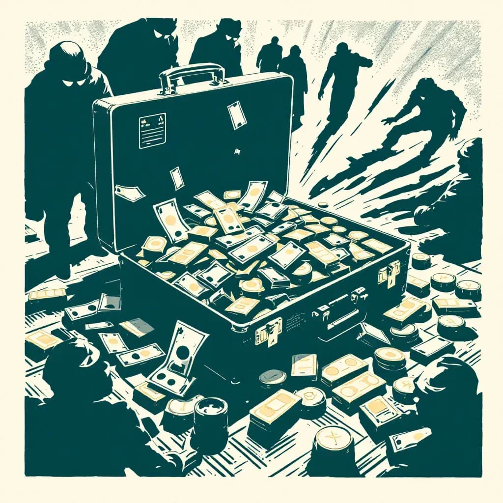 An open briefcase overflowing with cash and gold bars, surrounded by shadows of anonymous figures, signifying illicit wealth, crime motivation, and consequences.
