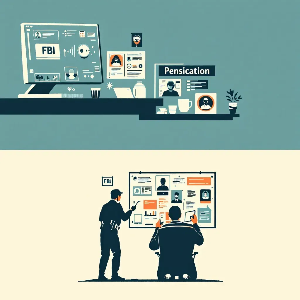 FBI investigators analyzing digital evidence on computer screens, agents in field operations, and profiles on a corkboard detailing suspect information related to terrorism and cybercrime investigations.