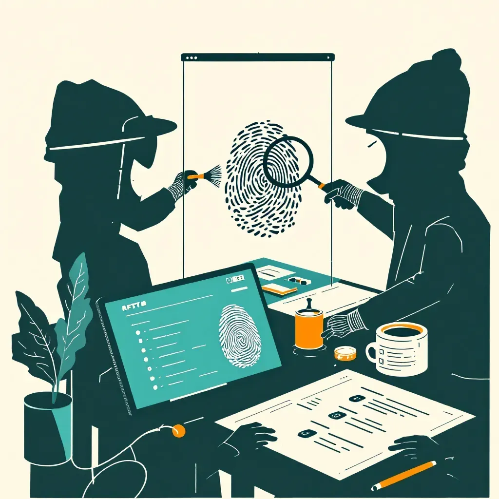 Investigators dusting for fingerprints on a glass surface, a magnifying glass inspecting a clear fingerprint pattern, and a database screen showing matching fingerprint records.