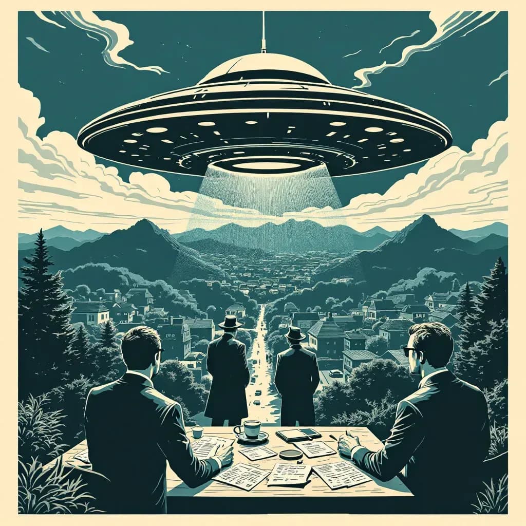 UFO hovering over a small town, with detectives in suits observing the scene, papers and evidence scattered on a table nearby, symbolizing misdirection in crime investigation.