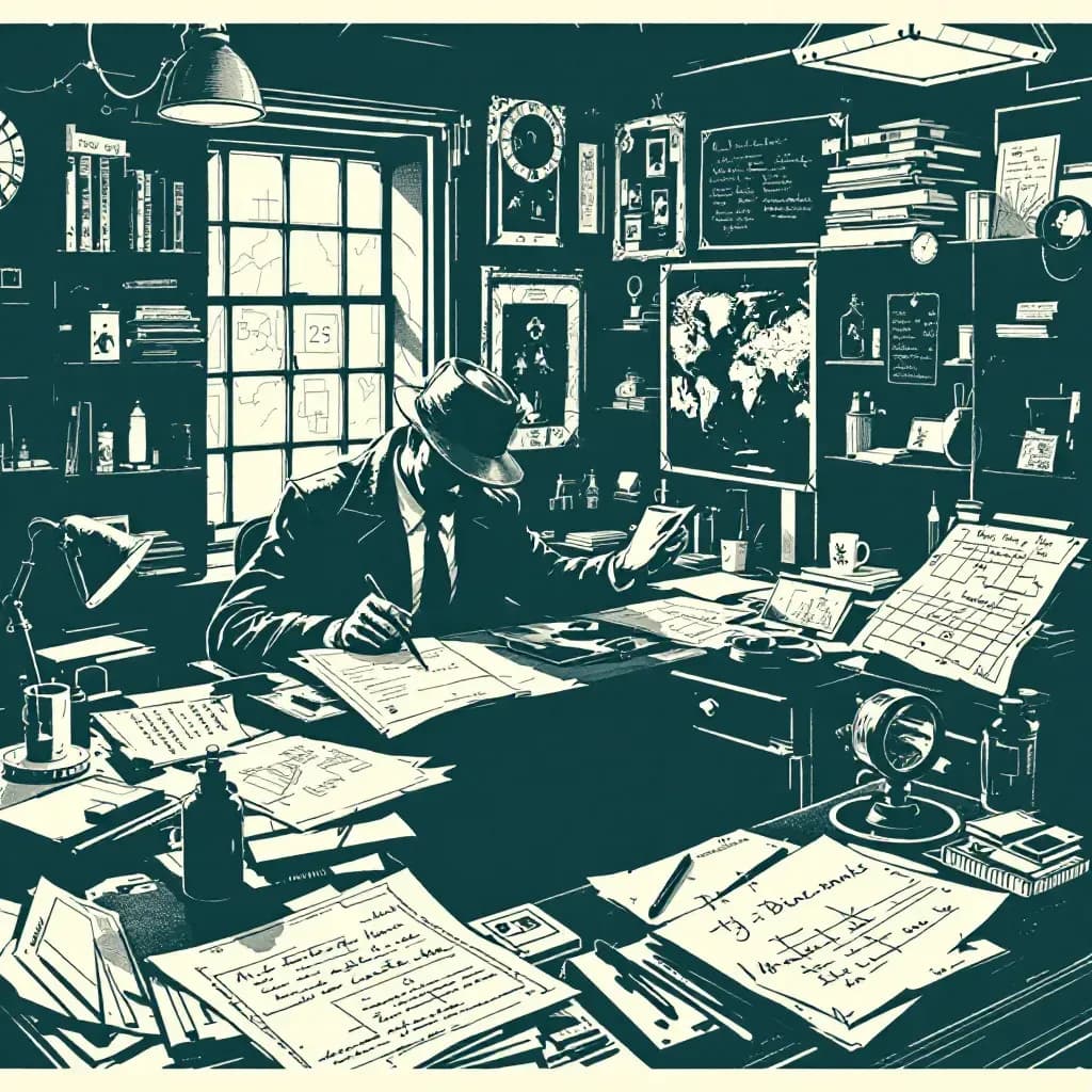 An old detective office with cluttered desks, faded black-and-white photographs, handwritten notes, traditional magnifying glass, and maps, capturing historical crime-solving methods in an era without modern technology.