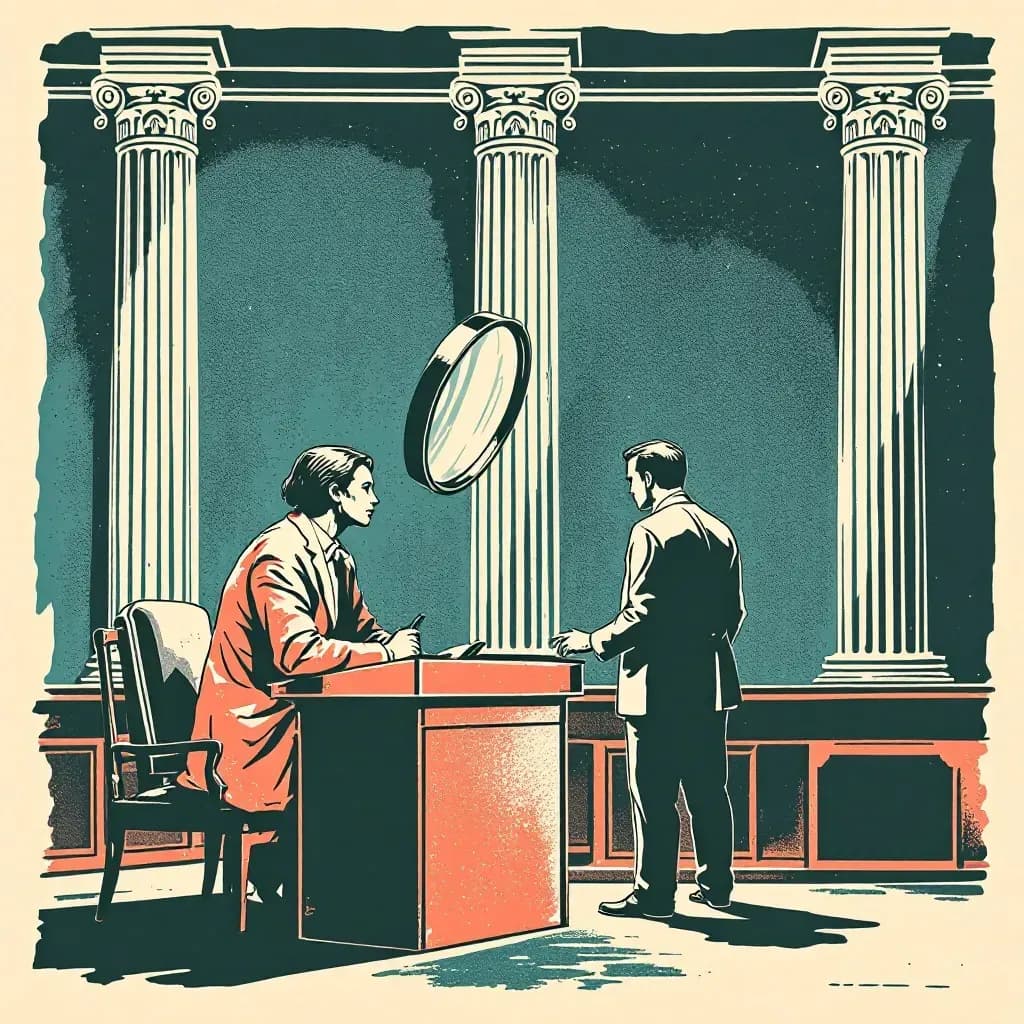 A courtroom scene where a witness on the stand is testifying, with a lawyer questioning them; a giant magnifying glass symbolizes scrutiny, while shadows represent the fragility and influence of their testimony.