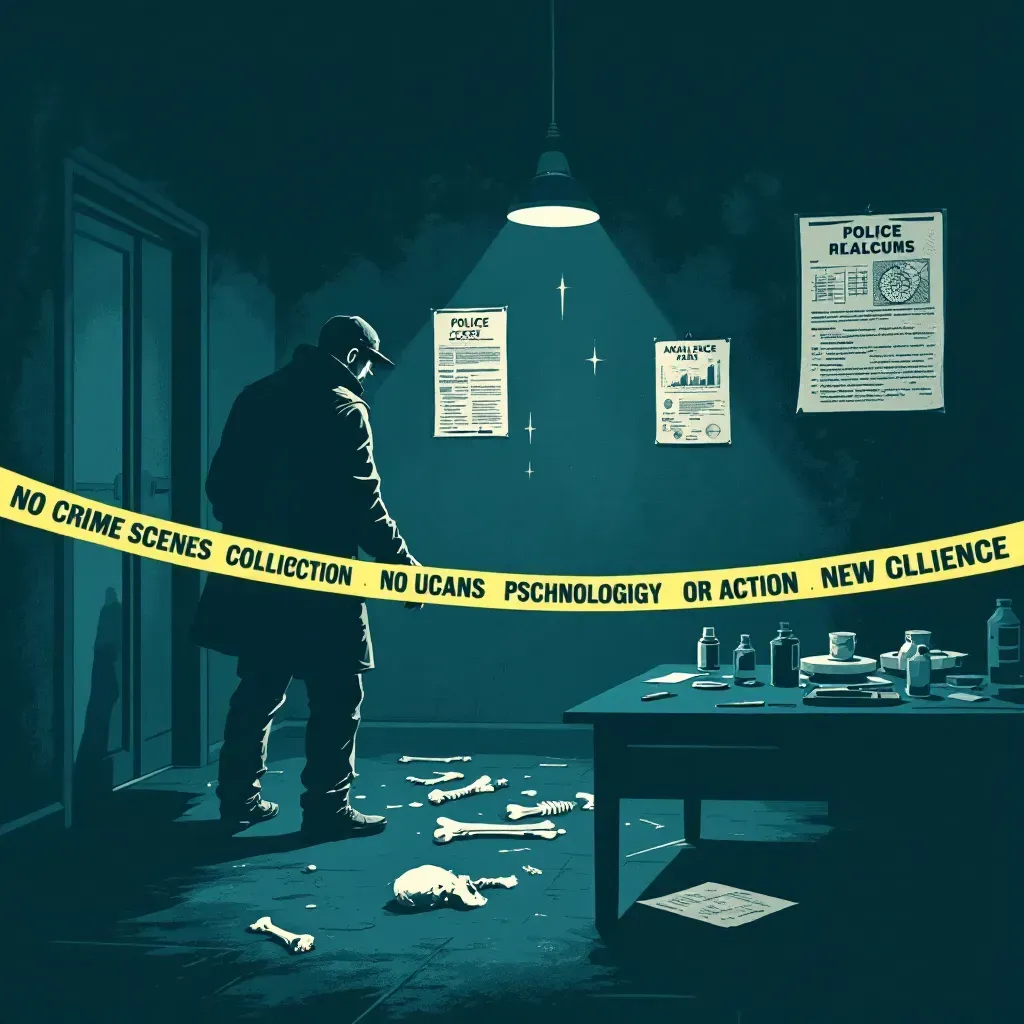 A dark, isolated room with police crime scene tape, a detective examining human bone remains, psychological analysis charts on the wall, and a table with chilling evidence and forensic tools.