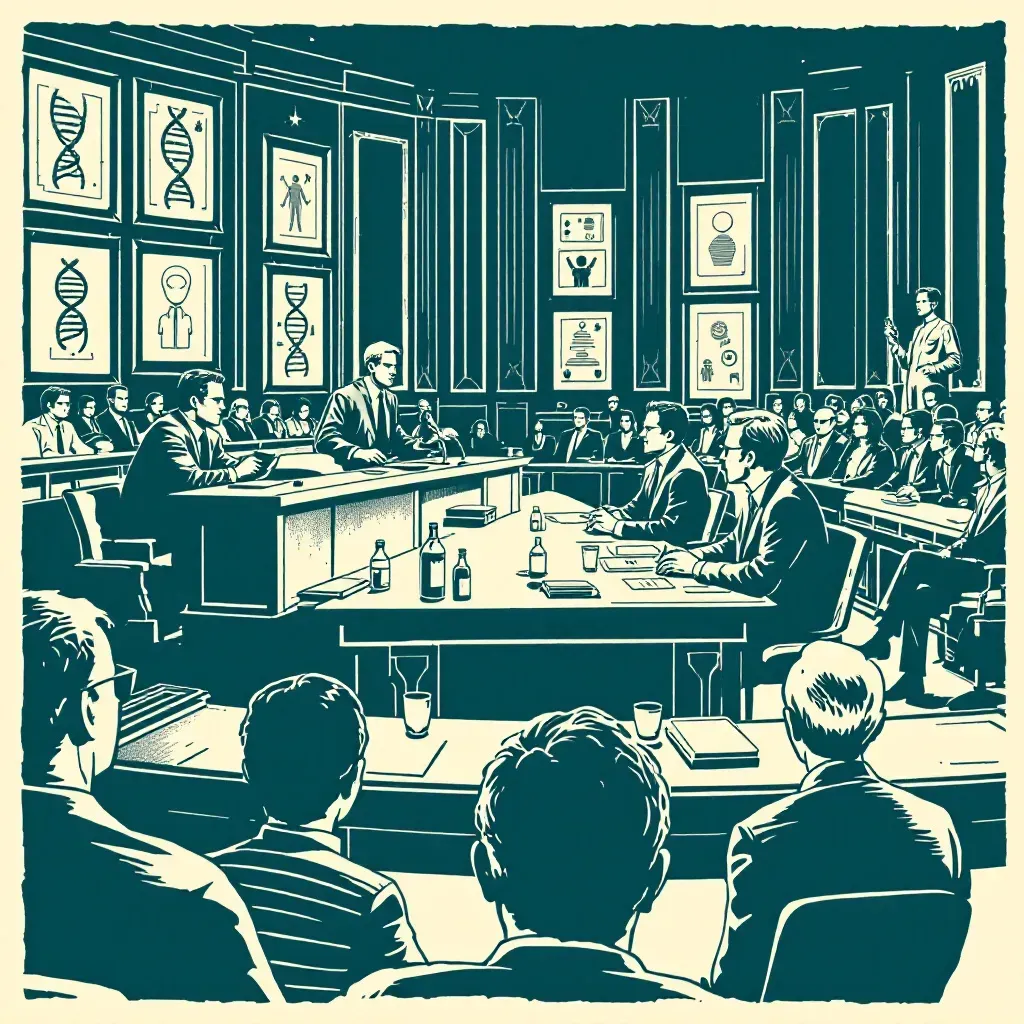 In a courtroom, a judge presides over a trial with DNA evidence on display, lawyers presenting arguments, witnesses testifying, and observers intently watching the proceedings unfold.