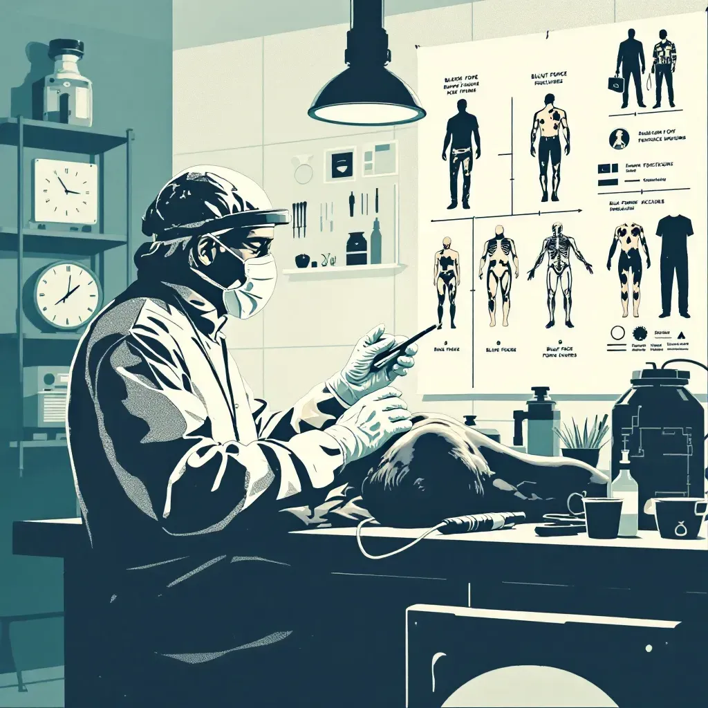 Forensic pathologist examining bruises and fractures with medical tools, beside a detailed diagram showing different types of blunt force injuries, in a lab filled with forensic equipment.
