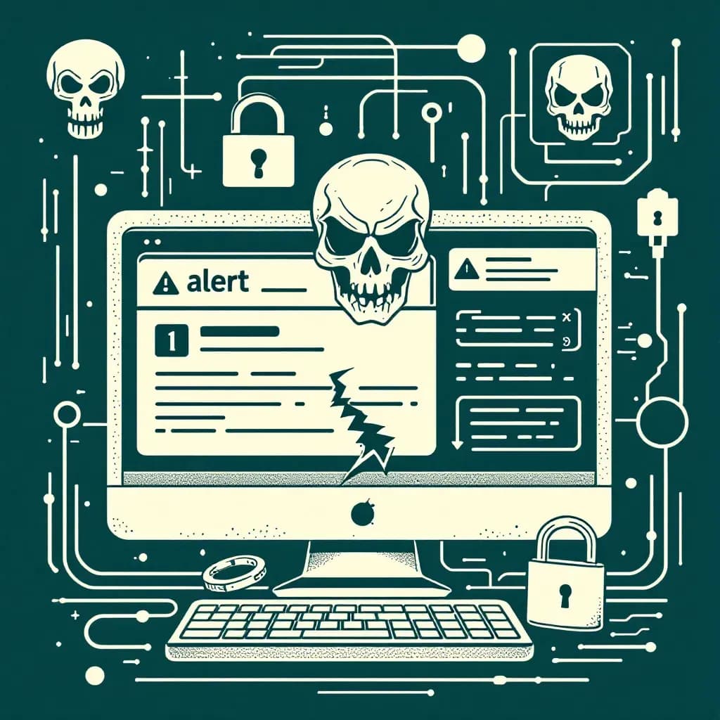 Digital environment showing a computer screen with alert messages, symbols of a sinister skull representing danger, lines of code, and a padlock being broken, symbolizing cybercrime and data breaches.