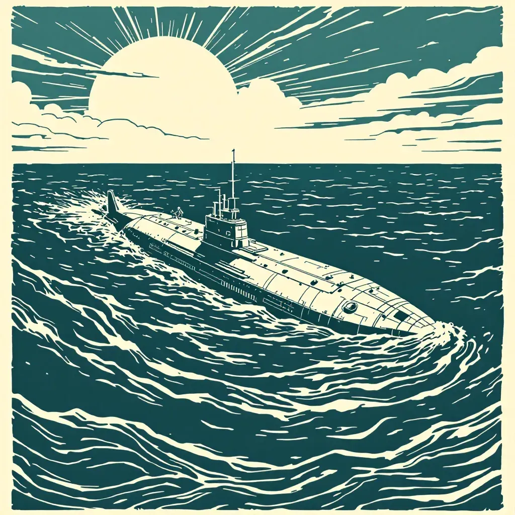 A submarine partially submerged in deep ocean water, surrounded by the vastness of the sea, serves as a concealed crime scene and hideout for smugglers, with investigators struggling to gather evidence.