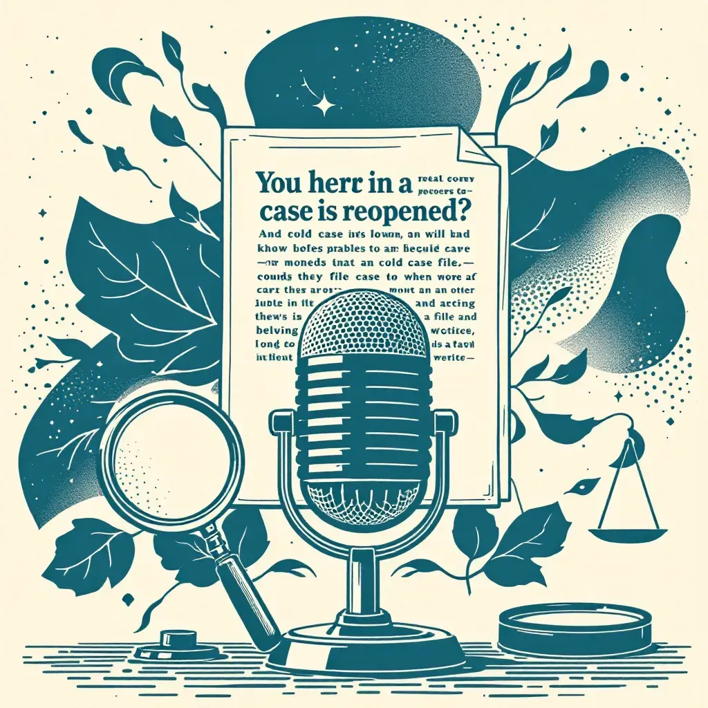 Illustration of a podcast microphone symbolically blending into a cold case file being reopened, surrounded by magnifying glass, gavel, and a scale of justice, representing investigative influence and ethical debate.