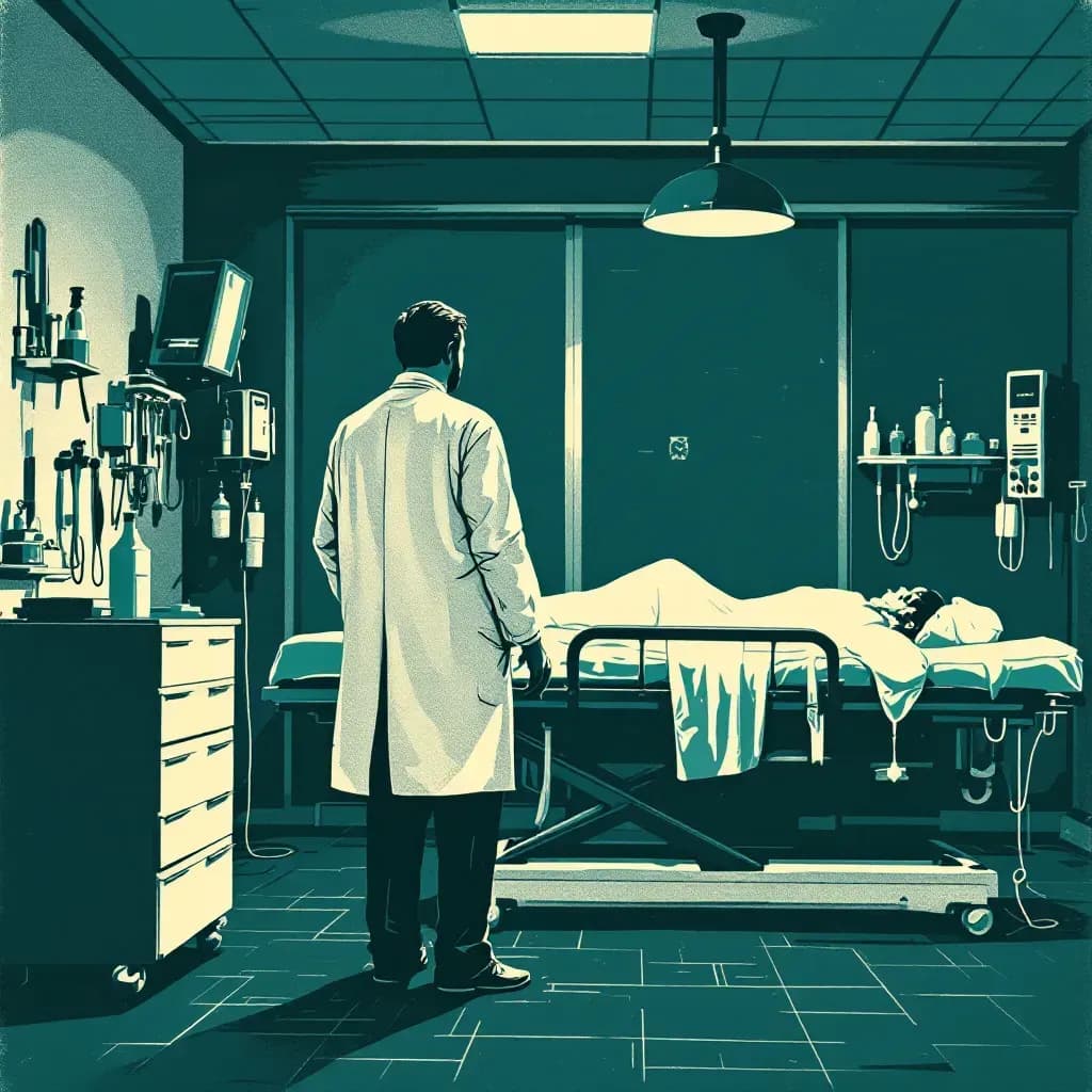 A doctor in a white coat stands in a dimly lit examination room, facing away from a patient lying on a gurney, medical instruments gleaming ominously on a nearby tray.