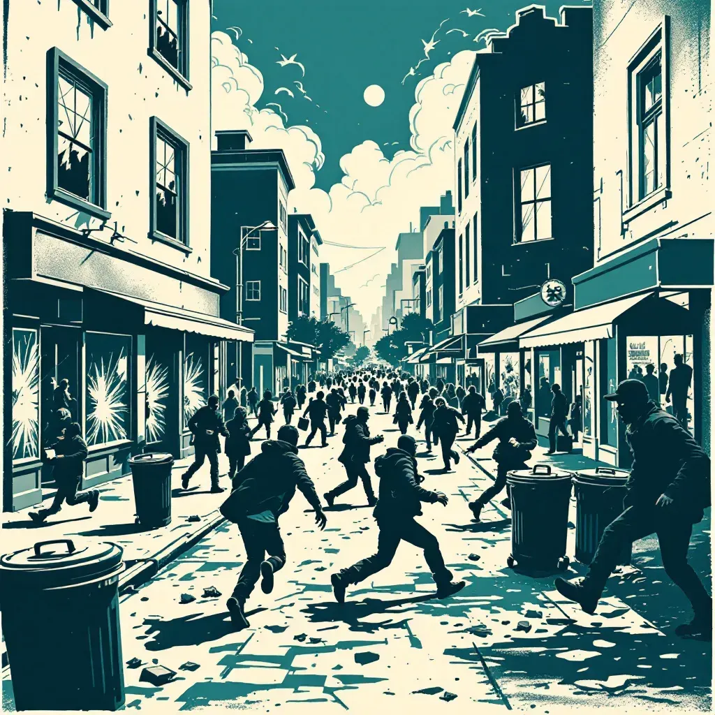 A city street scene with smashed windows and looted stores, groups of people running, some carrying stolen goods, amidst signs of chaos and destruction like overturned trash cans and scattered debris.
