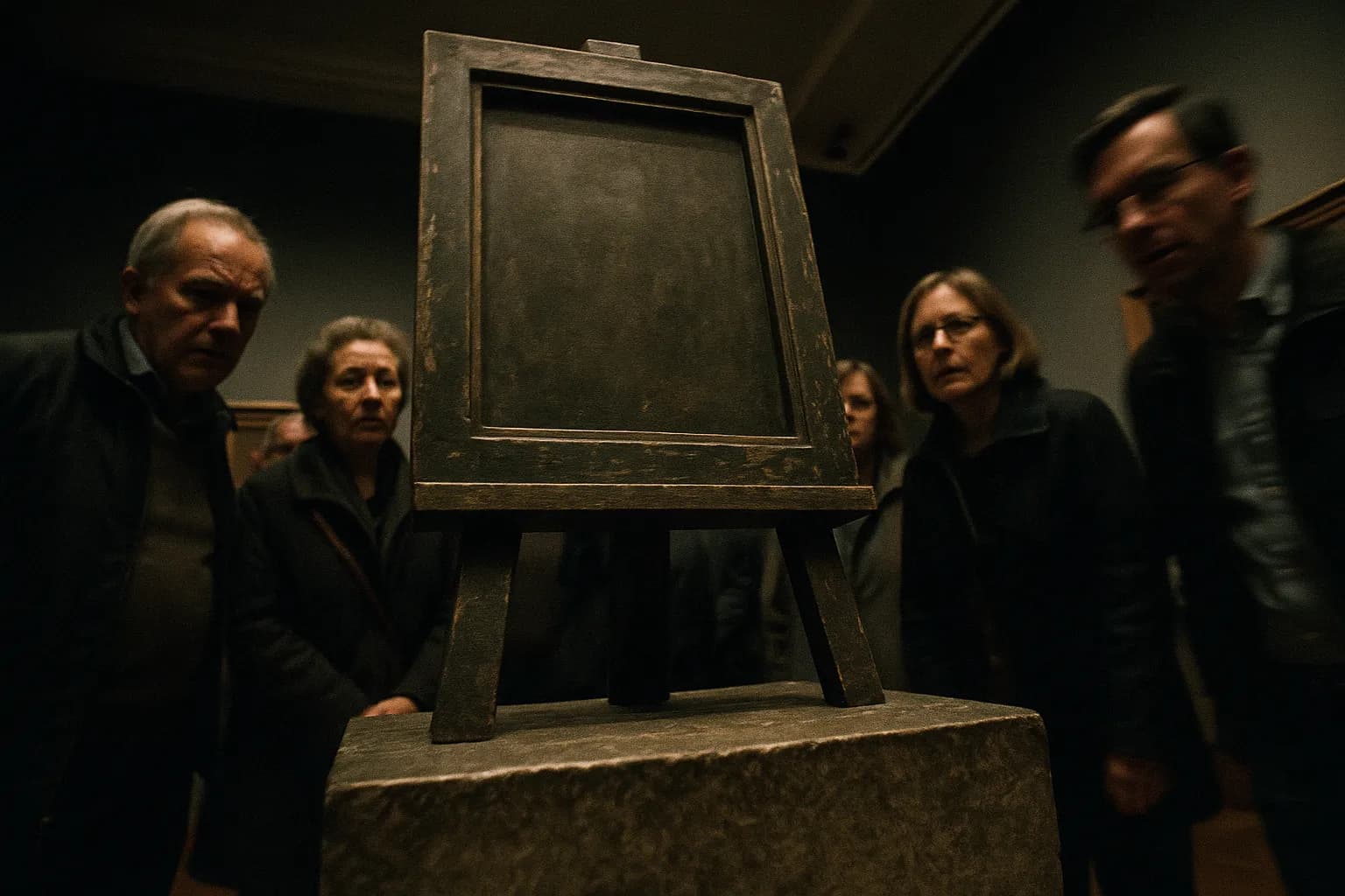 En vejrbidt kunstmuseumsdisplaystand, tom, med en plakette med teksten ''De retfærdige dommere',' der symboliserer Belgiens vedvarende mysterium om det forsvundne panel fra Gent-altertavlen, omgivet af besøgende der kigger på det tomme rum