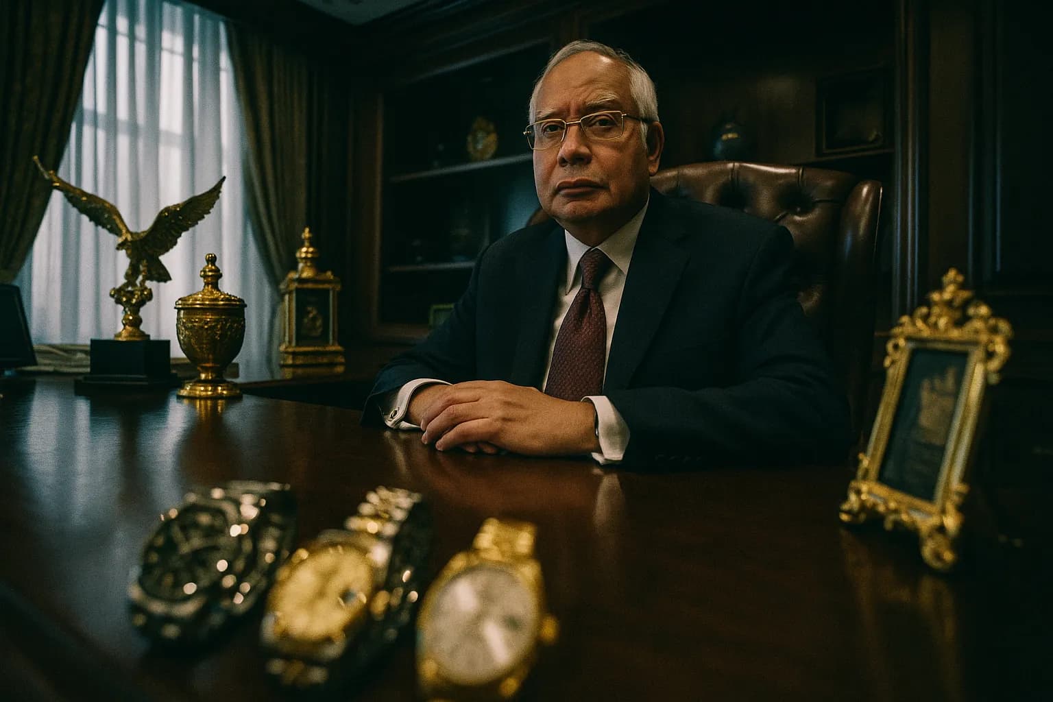 En figur, der ligner Najib Razak, sidder i et overdådigt kontor omgivet af prangende genstande som luksusure og guldbelagte ornamenter, der symboliserer den rigdom, der blev samlet gennem 1MDB-skandalen.
