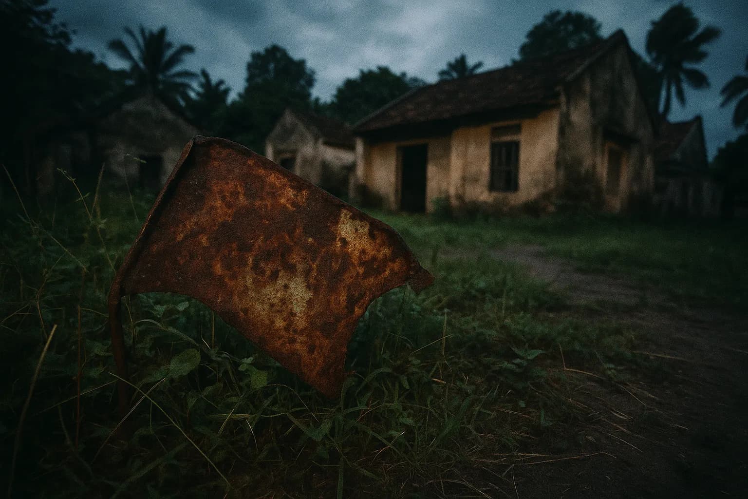 Et rustent, deformeret metalskilt mærket 'Agent Orange' halvt begravet i det tilgroede landskab i en vietnamesisk landsby, der symboliserer vedvarende giftig påvirkning og lidelse gennem flere generationer.