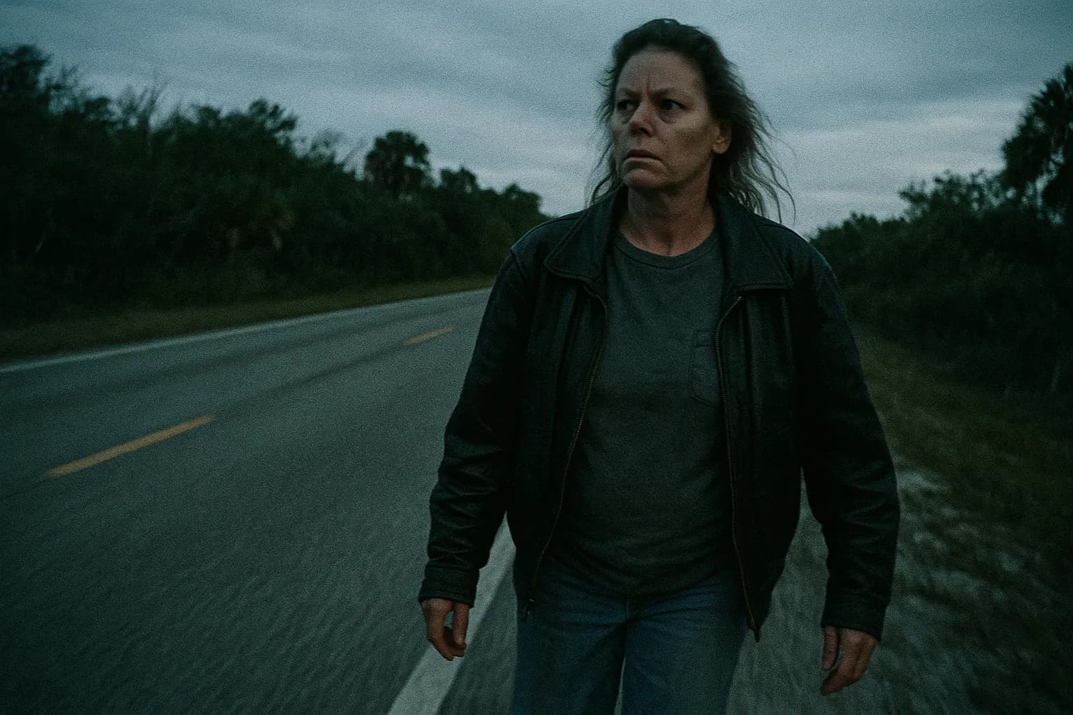 En skikkelse, der ligner Aileen Wuornos, går langs en øde motorvej i Florida, hendes øjne scanner horisonten, omgivet af tæt buskads, med en slidt læderjakke, der hænger løst fra hendes skuldre.