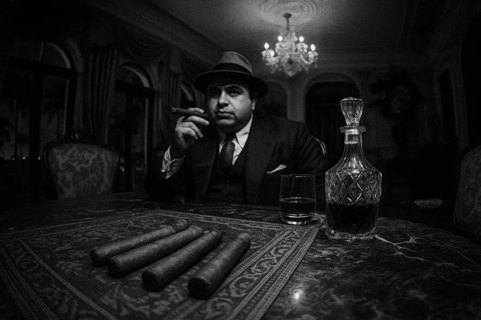 En skikkelse, der ligner Al Capone, sidder ved et overdådigt spisebord i en Palm Island palæ, omgivet af luksus—fine cigarer, en krystal karaffel og et halvt fyldt glas, som symboliserer hans forbrydelsesimperiums storhedstid.