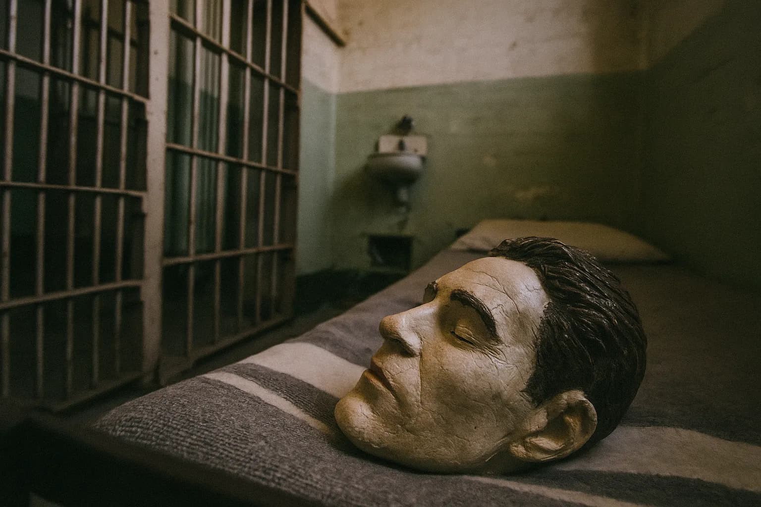 En naturtro mannequinhoved lavet af gips og maling hviler på en fængselsseng i en svagt oplyst celle i Alcatraz, hvor det omhyggeligt udformede hår og træk antyder det dristige flugtforsøg af Frank Morris og Anglin-brødrene.