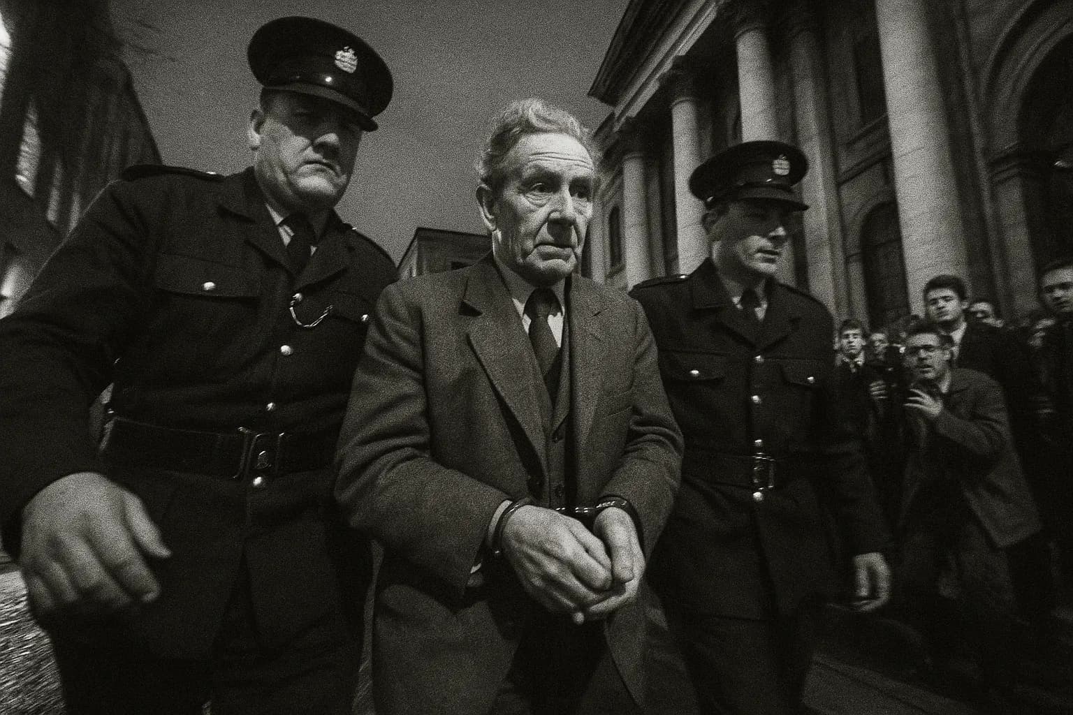 En skikkelse der ligner Alfred Hinds, iført håndjern, bliver eskorteret af politiet uden for Dublins retsbygning, tilskuere og journalister samles i baggrunden.