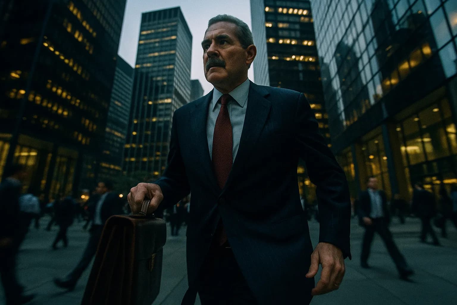 En skikkelse, der ligner Robert Allen Stanford, går hurtigt gennem en travl finansdistrikt, omgivet af høje, slanke kontorbygninger, og klynger sig til en lædermappe, der symboliserer hans Ponzi-svindeleværdige milliarder fra Antigua.