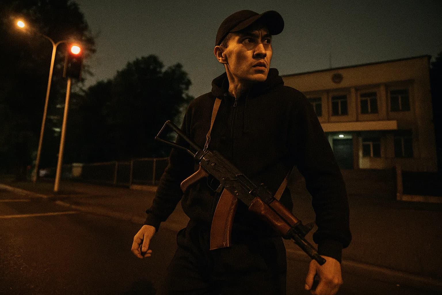 En skikkelse, der ligner Ruslan Kulikbayev, bevæbnet og anspændt, står nær Almaly politistationen i Almaty, med en AKS-74U riffel hængende over skulderen, hvilket fanger spændingen fra terrorangrebet i 2016.