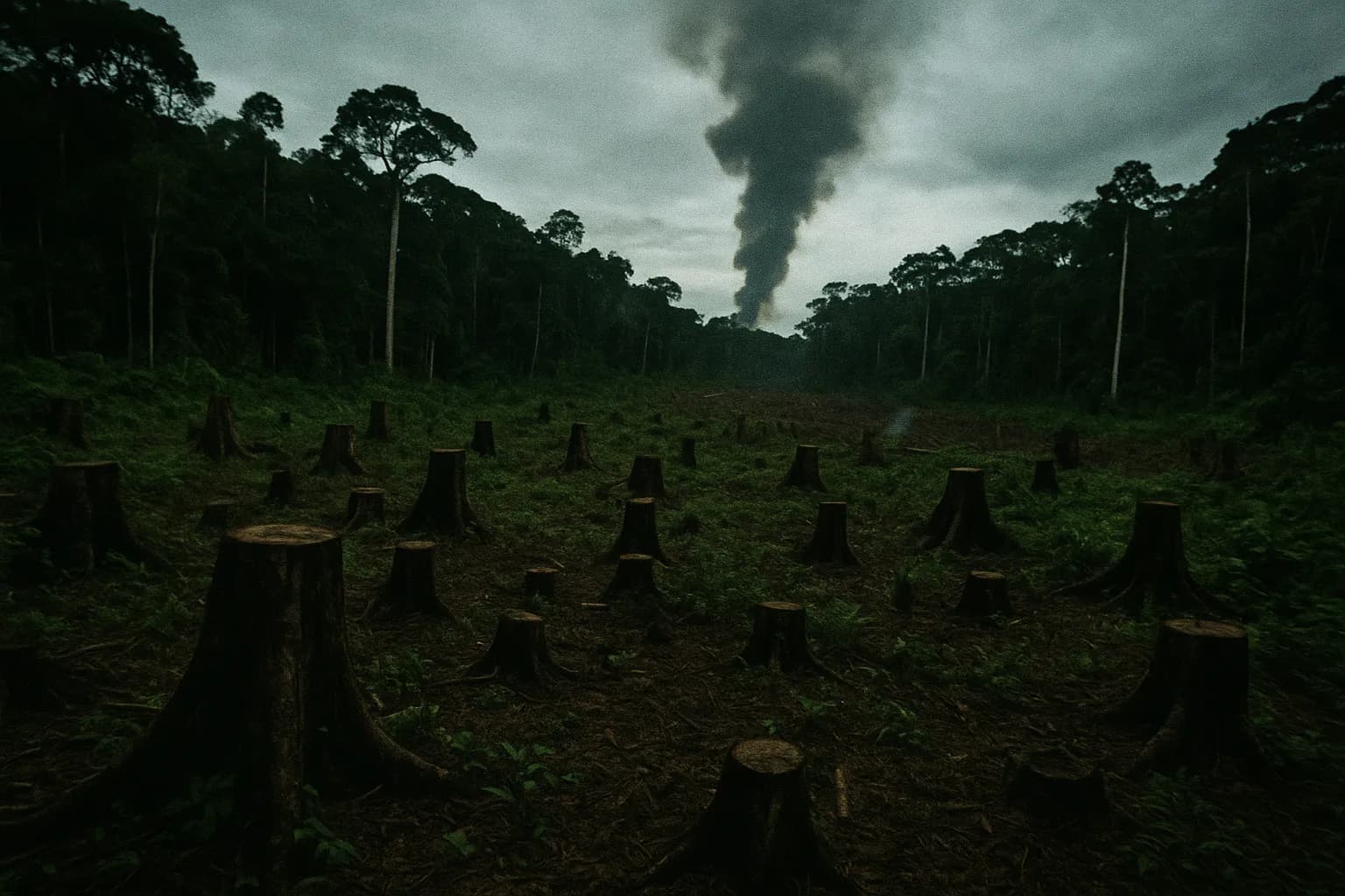 Et stort område af Amazonas regnskov, arret af ulovlig skovhugst, med træstubbe spredt blandt den tætte løv og en røgsky, der stiger i det fjerne, som symboliserer ukontrolleret skovrydning og miljøkriminalitet.