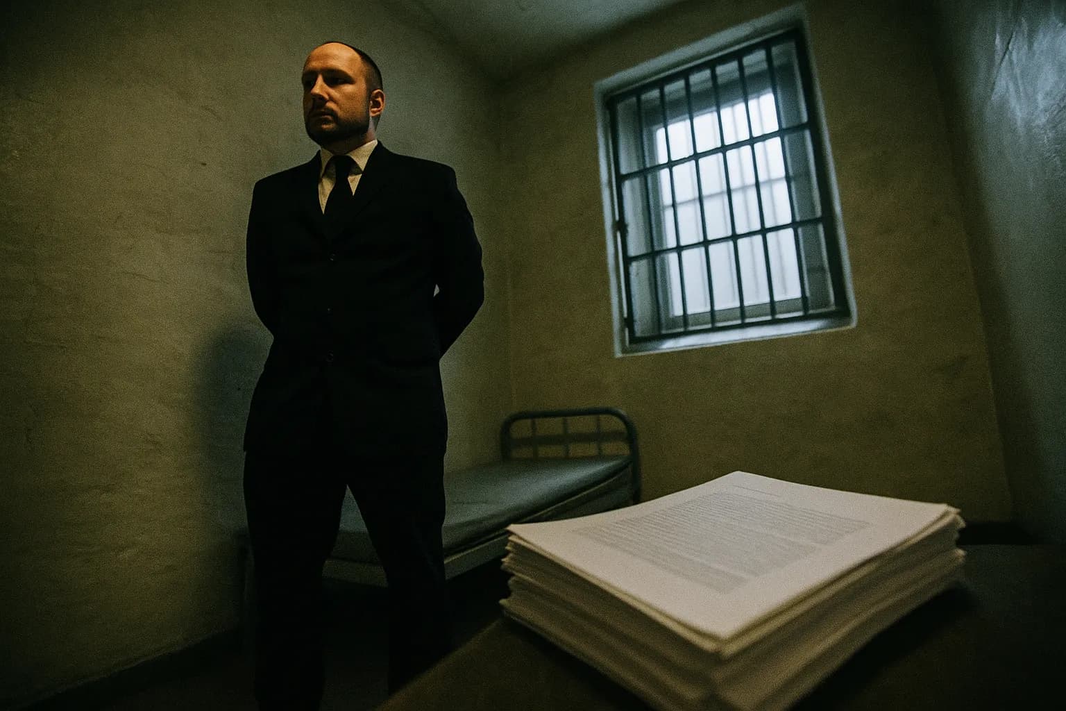En figur, der ligner Anders Behring Breivik, står i en spartansk fængselscelle, hvor et vindue med tremmer kaster skygger. Nær ved ligger en stak papirer, der er printet fra hans splittende manifest, der fremhæver en arv af ekstremisme og vold.