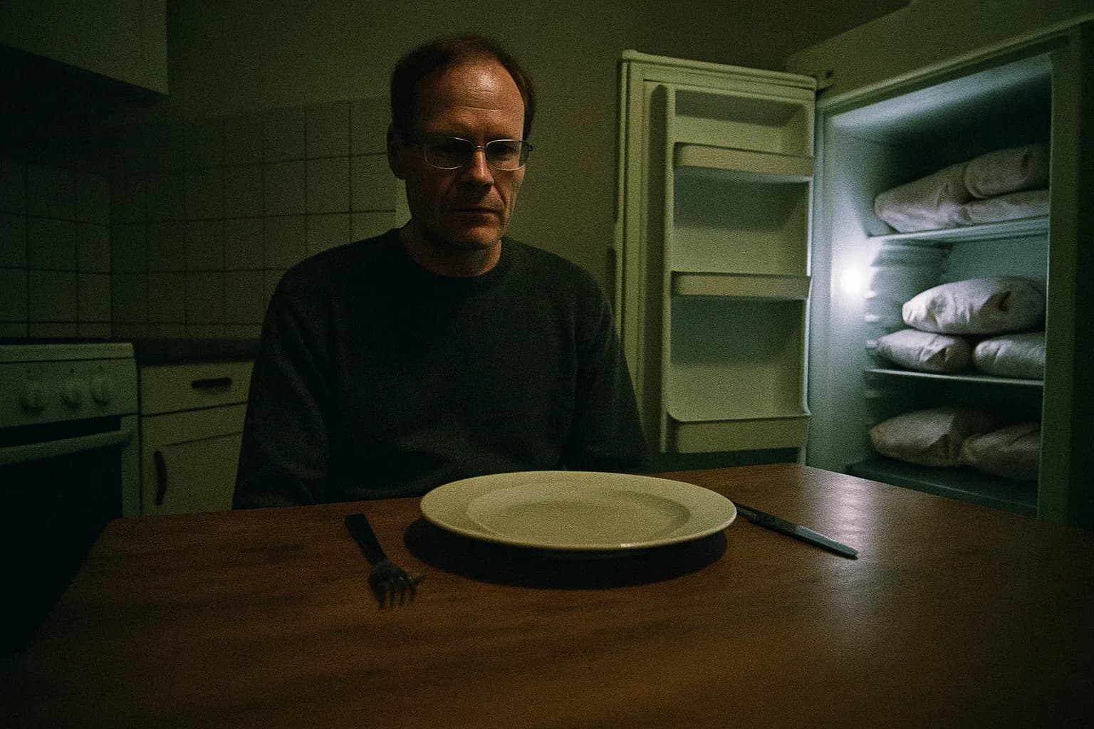 En person, der ligner Armin Meiwes, sidder alene ved et køkkenbord, en tom tallerken og bestik foran sig, døren til fryseren står lidt åben og afslører pakker pakket ind i slagterpapir.
