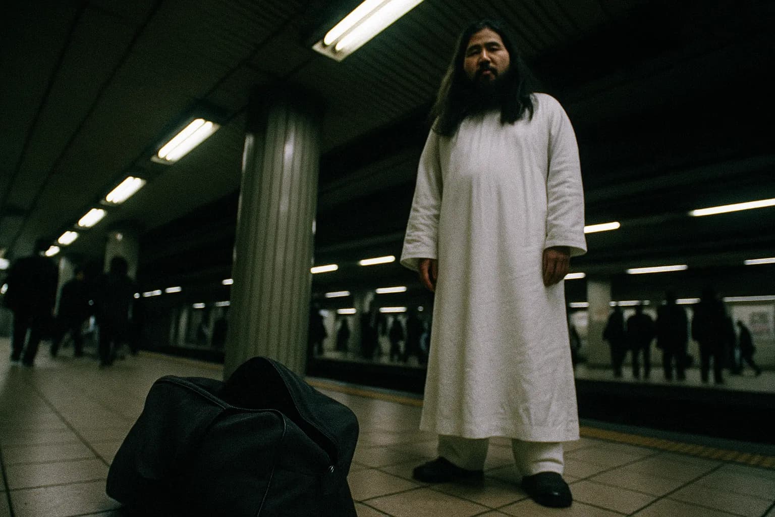 En figur, der ligner Shoko Asahara, iført hvide klæder, står på en metrostation i Tokyo. I nærheden antyder en ubemandet, halvåben taske på perrongens gulv uhyggeligt indhold, silhuetter af pendlere i baggrunden.