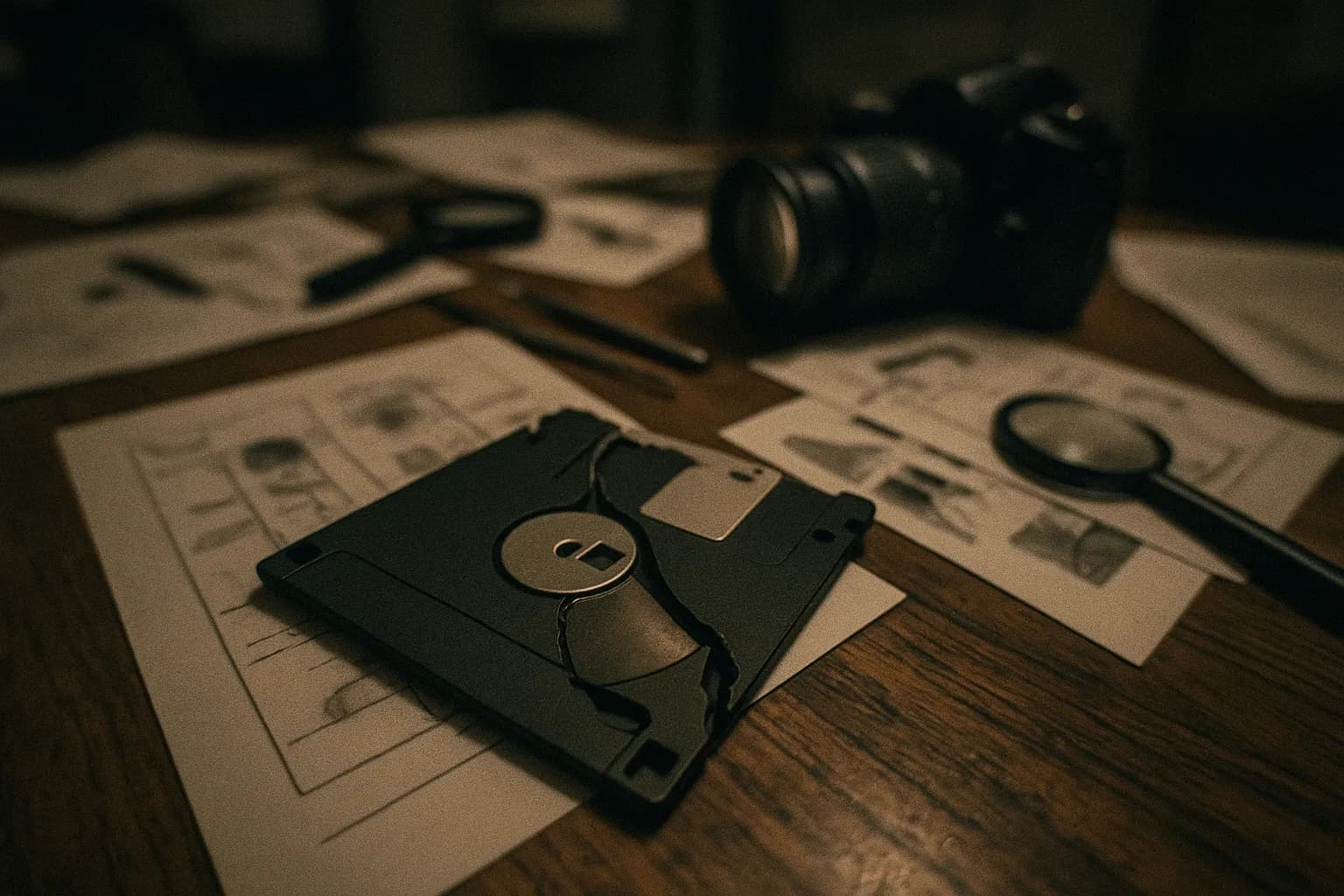 En sort diskette ligger på et træskrivebord, dens hylster er åbnet, omgivet af papirer og digitale retsmedicinske værktøjer, hvilket symboliserer faldet af Dennis Rader, BTK-morderen, i Kansas.