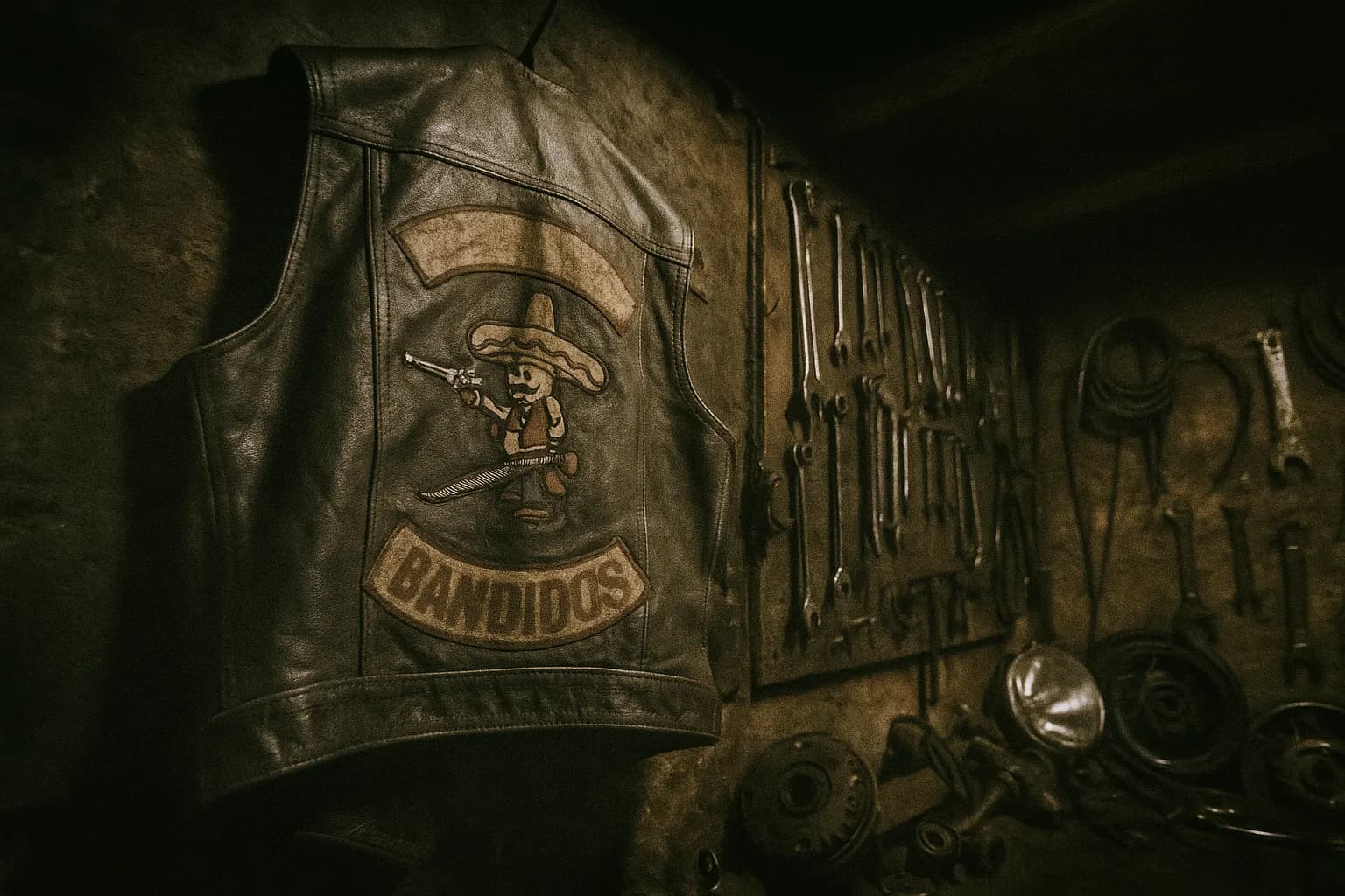 En vejrslidt biker-vest med en fremtrædende Bandidos MC-patch hænger på en rusten søm i en svagt oplyst garage, omgivet af værktøj og reservedele til motorcykler.