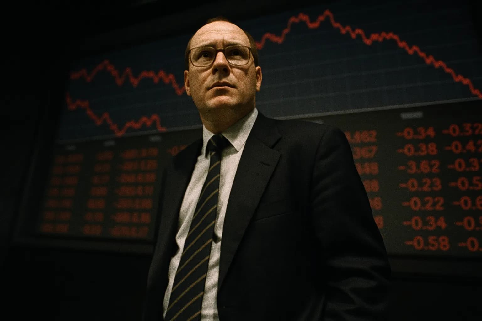 En person, der ligner Nick Leeson, står foran en finansmarkeds skærm, der viser faldende tal, en skjult følelse af uro bag hans rolige ydre, hvilket symboliserer Barings Banks kollaps.