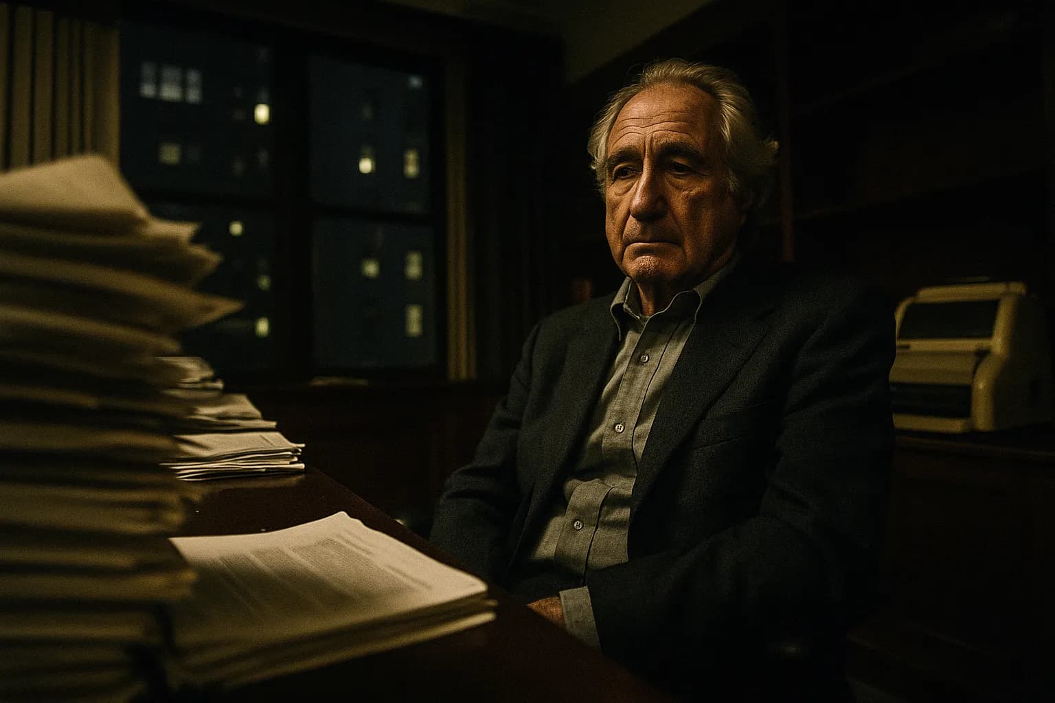 En person, der ligner Bernie Madoff, sidder tavst i et svagt oplyst kontor på Upper East Side, omgivet af bunker af finansielle dokumenter og en guld ticker-båndmaskine, der stille står på standby i baggrunden.