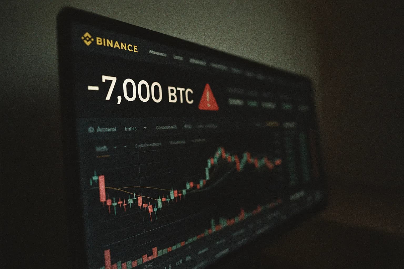 En computerskærm viser Binances kryptovalutadashboard, en rød advarselsmeddelelse blinker ved siden af saldoen og viser en manglende mængde på 7.000 bitcoin, hvilket symboliserer det massive cyberangreb, der rystede børsen.