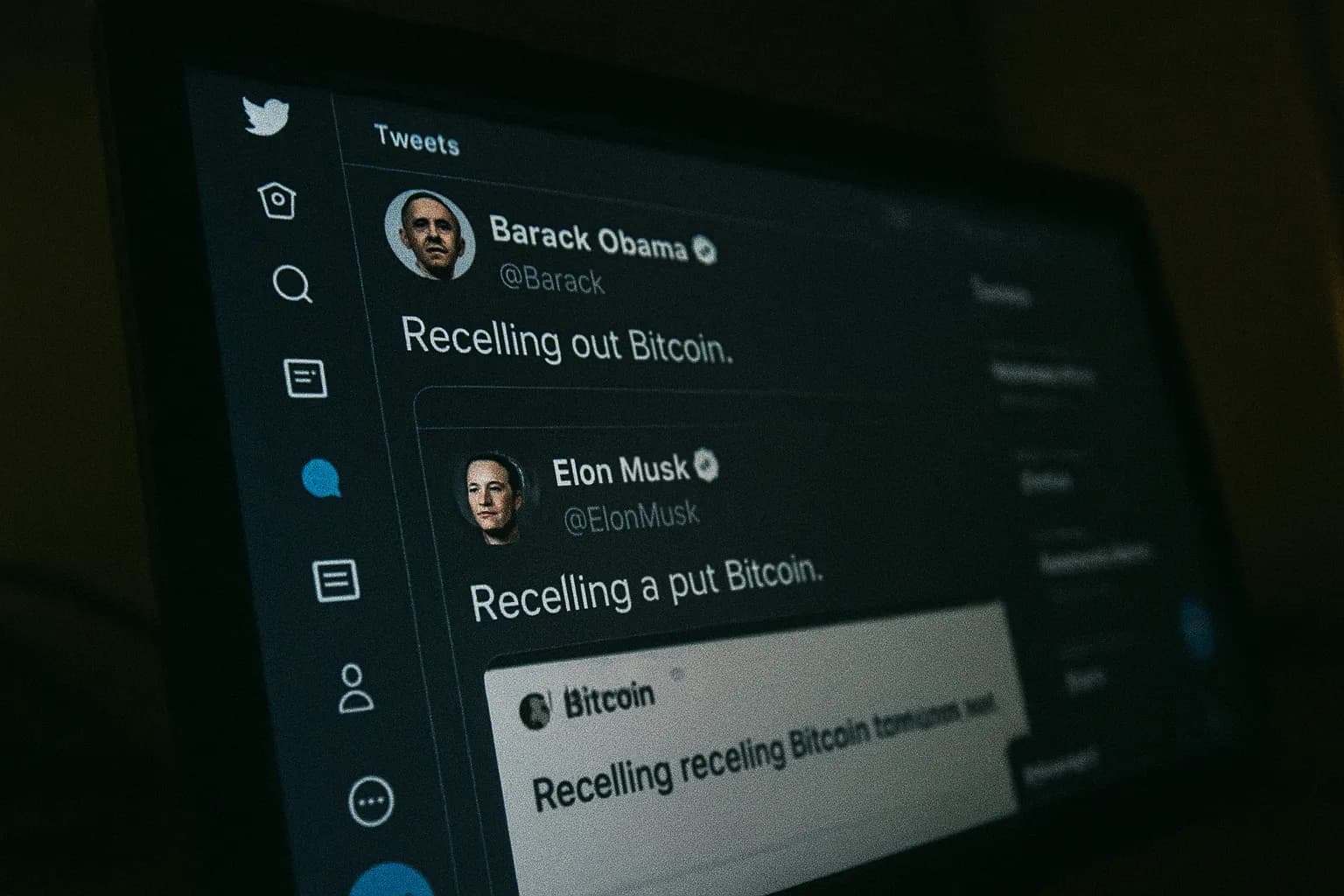 En computerskærm viser en Twitter-grænseflade med fremtrædende hackede kontonavne som Obama og Musk, der viser ukendte tweets om Bitcoin, hvilket eksemplificerer det massive Twitter-sikkerhedsbrud i 2020 af Graham Ivan Clark.
