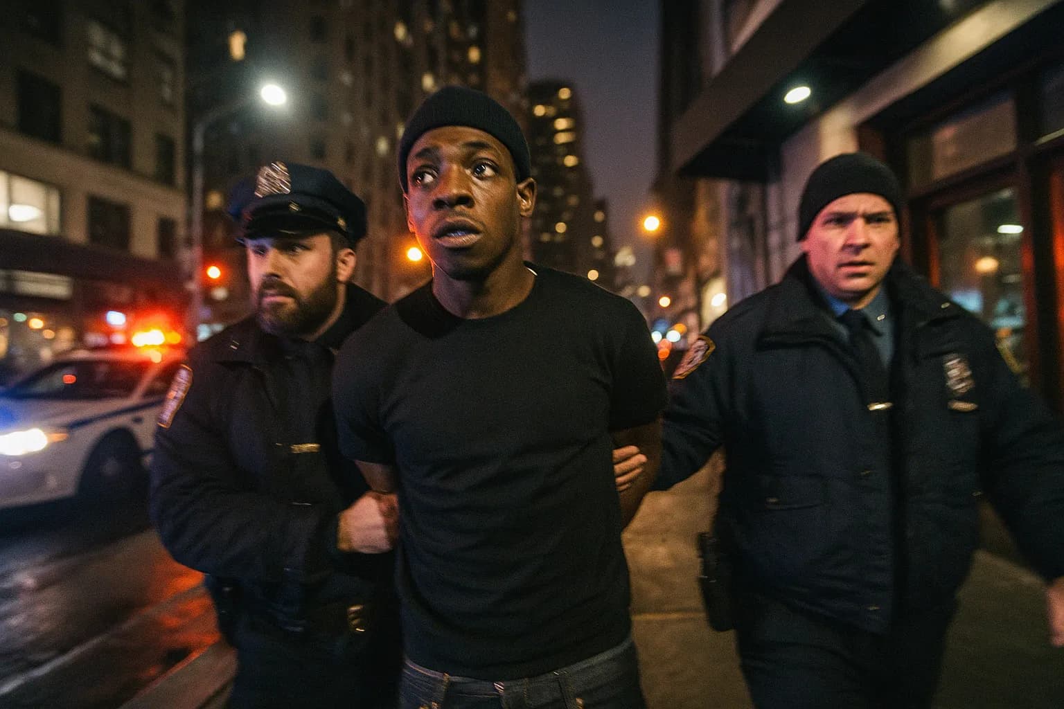 En person, der ligner Bobby Shmurda i håndjern, bliver ført væk af politiet uden for Quad Recording Studios i Manhattan på en kold decembernat, omgivet af blinkende lys og travle bygader.