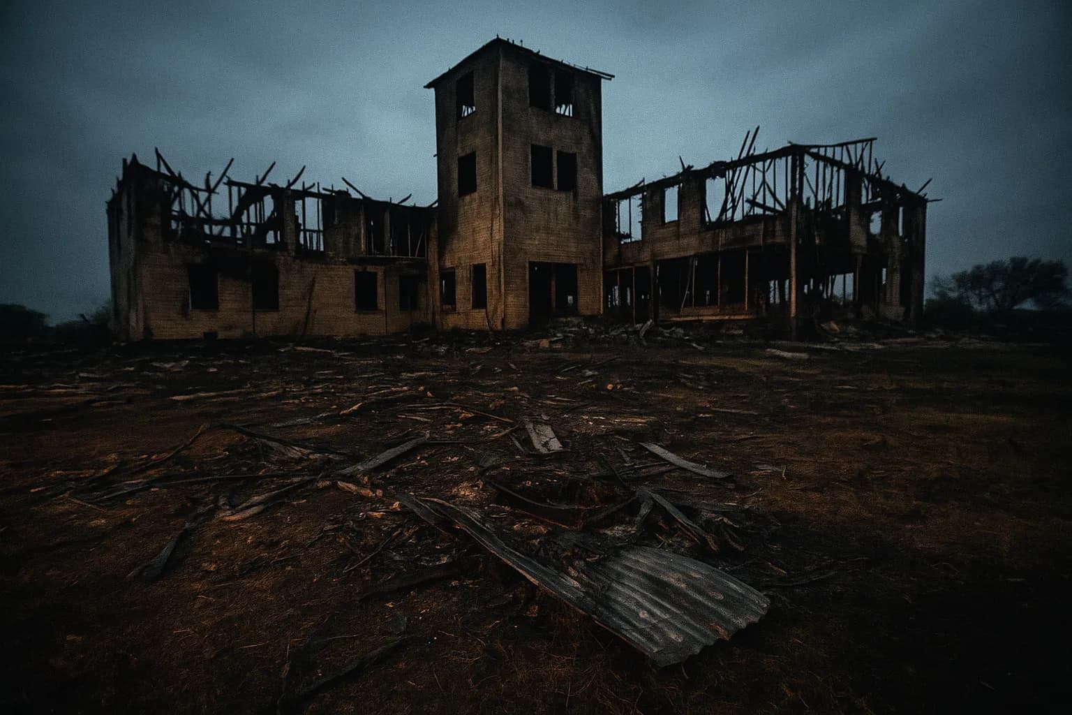En forkullet, udhulet bygning står midt i spredte vragrester, omgivet af afsvedet jord; rester af Mount Carmel belejringen, hvor en sekt ledet af en skikkelse, der lignede David Koresh, mødte en brændende afslutning.