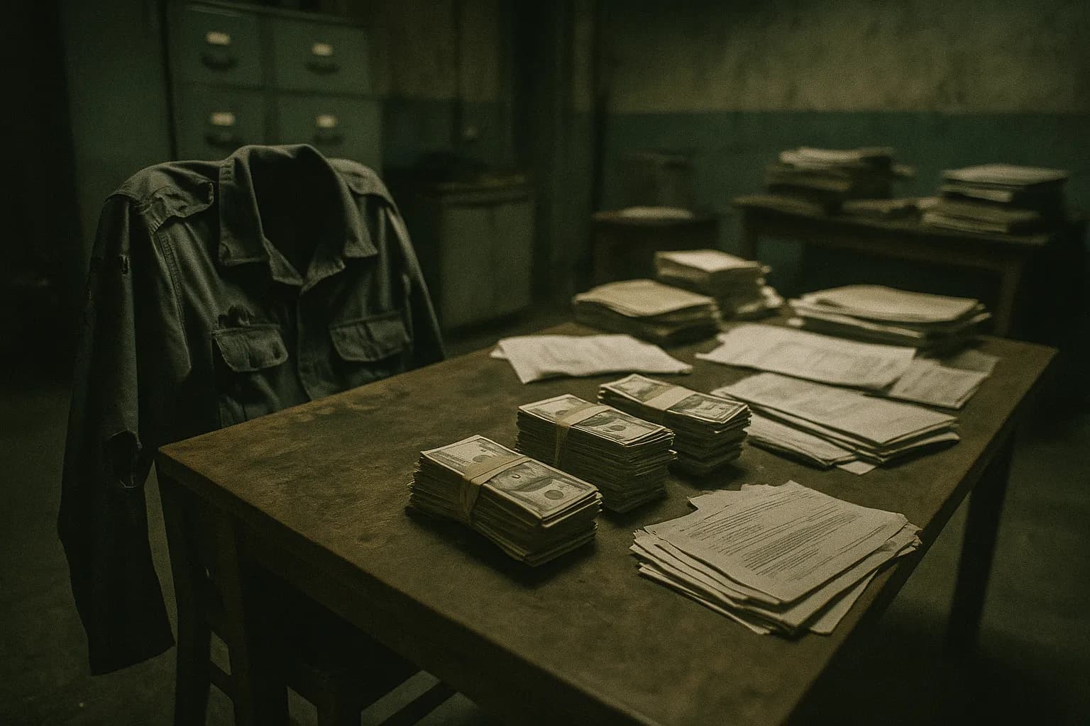 En laset politiuniform hænger over et provisorisk skrivebord i et svagt oplyst kontor, omgivet af bunker af kontanter og dokumenter, der symboliserer Brasiliens dybt rodfæstede politikorruption og forbindelser til organiseret kriminalitet.