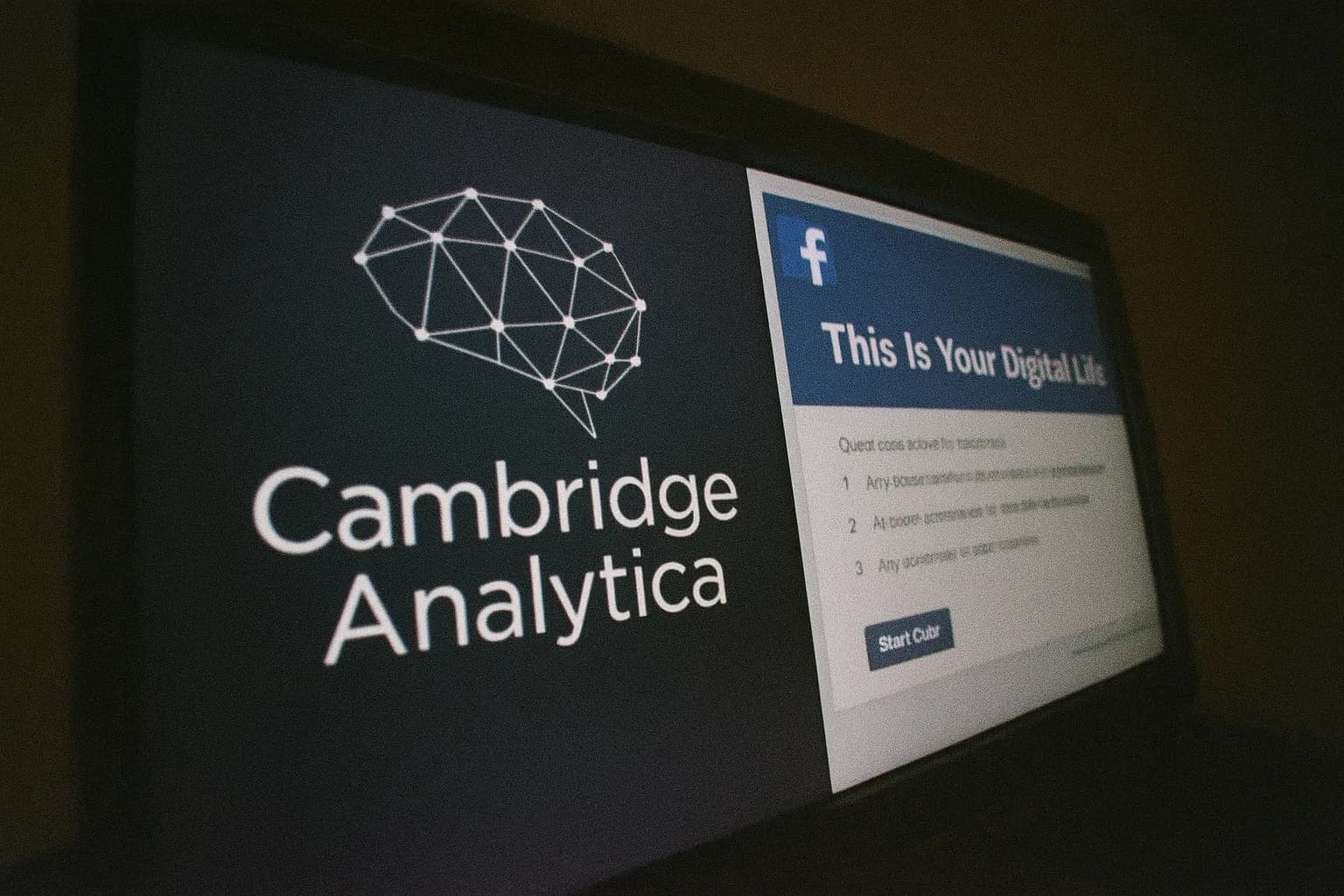 En computerskærm viser Cambridge Analytica-logoet sammen med en Facebook-quizgrænseflade med navnet 'This Is Your Digital Life', hvilket symboliserer datasagen, der påvirkede millioner.