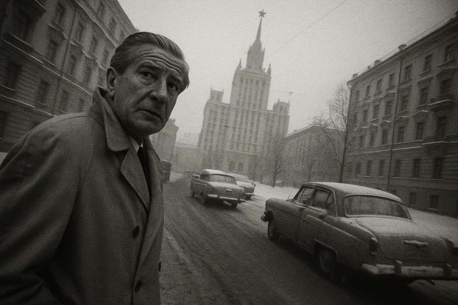En skikkelse, der ligner Kim Philby, står på en gade i Moskva i 1960'erne iført en trenchcoat og kigger over skulderen. Sneklædte bygninger og biler fra sovjettiden danner baggrunden og symboliserer hans liv i eksil.
