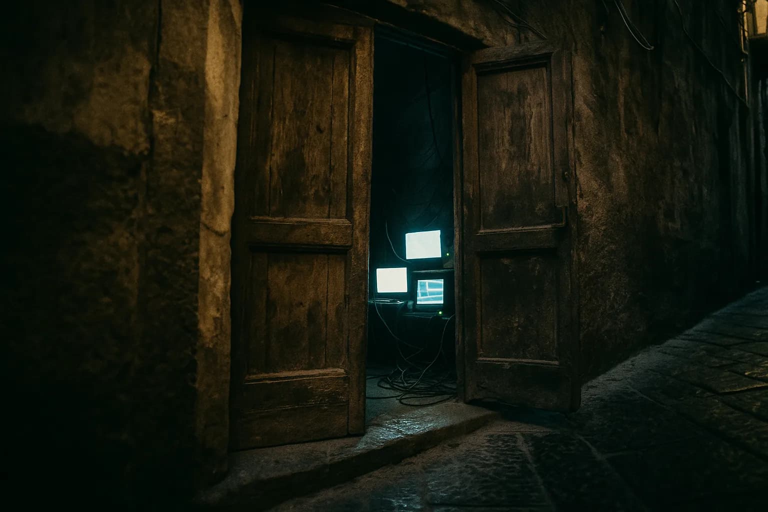 En slidt trædør i en smal gyde i Napoli, delvist på klem, og afslører et virvar af ledninger og computerskærme, der lyser indeni, hvilket symboliserer Camorraens overgang fra traditionel kriminalitet til globale cyberkriminalitetsoperationer.