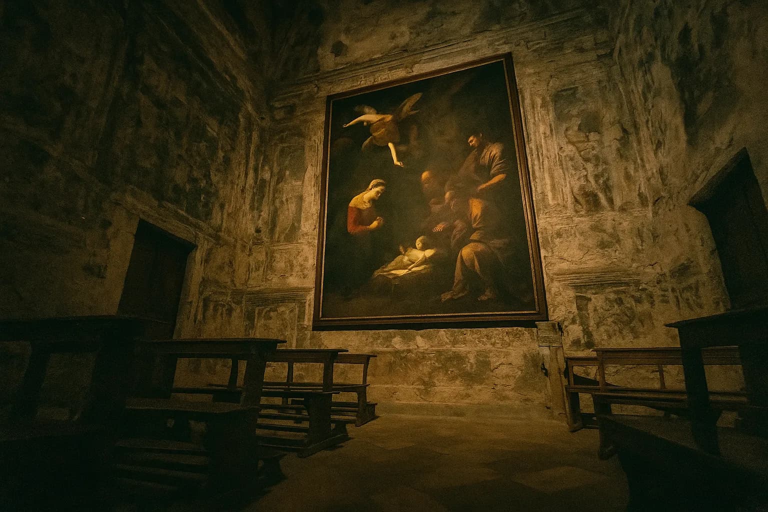 En replika af Caravaggios *Nativity* hænger i det svagt oplyste Oratorio di San Lorenzo, omgivet af afskallende freskomalerier og slidte bænke, som symboliserer Palermos langvarige kunstmysterium og den vedvarende skygge af mafiapåvirkning.
