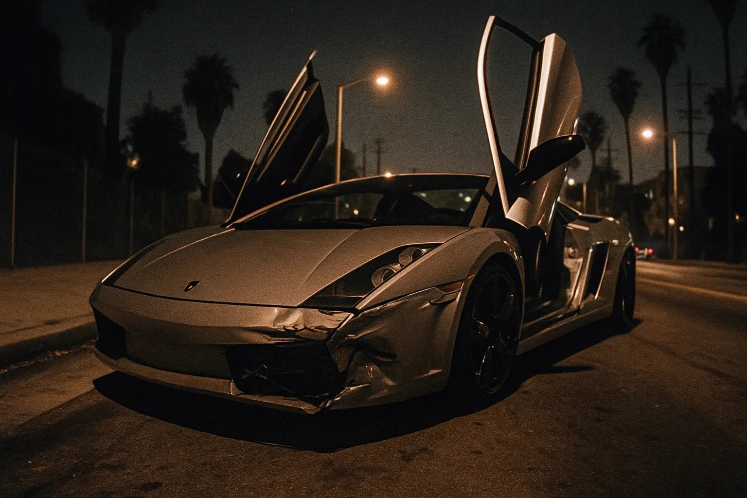 En beskadiget sølvfarvet Lamborghini parkeret på en svagt oplyst gade i Los Angeles, med dørene åbne, der fanger efterspillet af Chris Browns overfald på Rihanna i 2009.
