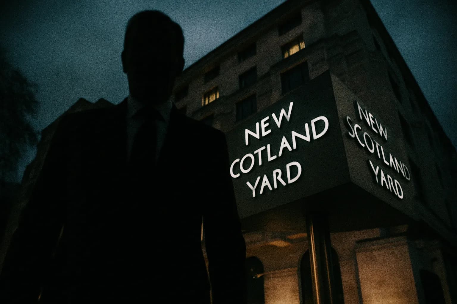 En skikkelse, der ligner Terry Adams, en skyggefuld figur i jakkesæt, står foran Scotland Yards ikoniske roterende skilt og symboliserer den dybe infiltration af korruption inden for systemet.